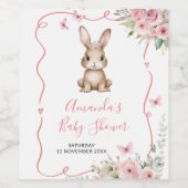 Cute Bunny Baby Shower Girl Pink Floral ワインラベル (シングルラベル)