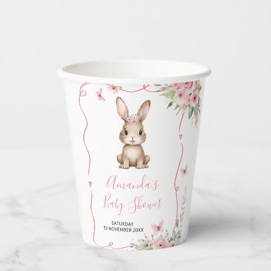 Cute Bunny Baby Shower Girl Pink Floral 紙コップ (正面)