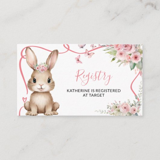 Cute Bunny Baby Shower Girl Pink Floral Registry エンクロージャーカード (正面)