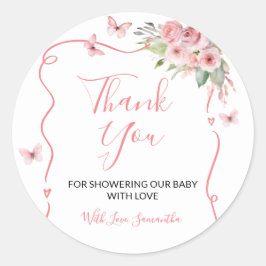 Cute Bunny Baby Shower Girl Pink Floral Thank You ラウンドシール