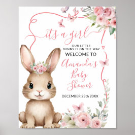 Cute Bunny Baby Shower Girl Pink Floral Welcome ポスター