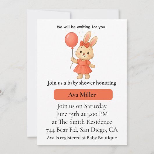 Cute Bunny Baby Shower Invitation | Pink Floral De 招待状 (正面)