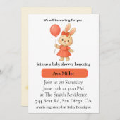 Cute Bunny Baby Shower Invitation | Pink Floral De 招待状 (正面/裏面)