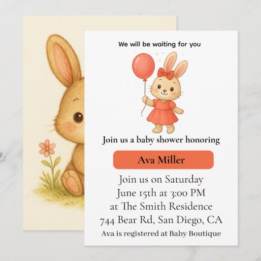 Cute Bunny Baby Shower Invitation | Pink Floral De 招待状 (正面/裏面)