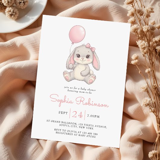 Cute Bunny Balloon Blush Pink Girls Baby Shower 招待状
