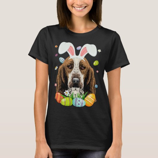 Cute Bunny Basset Hound Dog Head Easter Egg Happy  Tシャツ (正面)