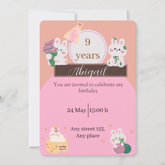 Cute Bunny Birthday Invitation 招待状 (正面)