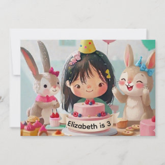 Cute Bunny Birthday Party Invitation for Girls 招待状