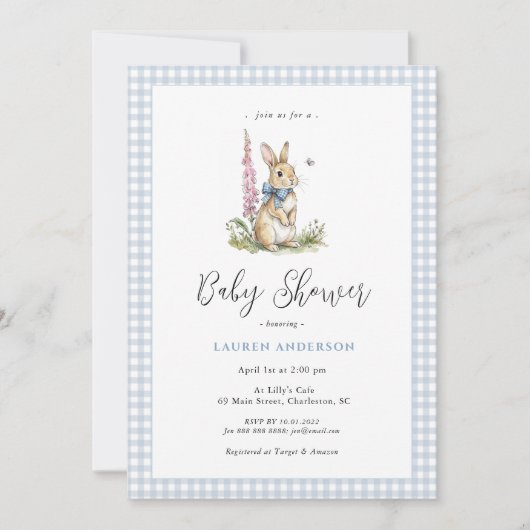 Cute  Bunny Blue Baby Boy Shower  招待状 (正面)