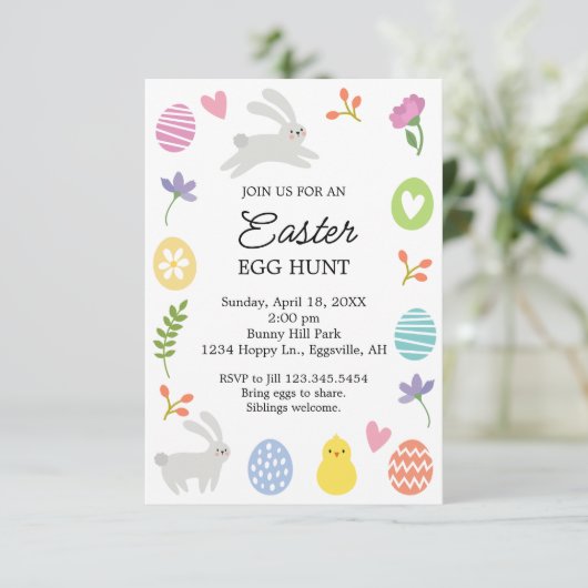 Cute Bunny Border Easter Invitation Egg Hunt 招待状 (スタンド正面)