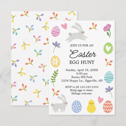 Cute Bunny Border Easter Invitation Egg Hunt 招待状 (正面/裏面)