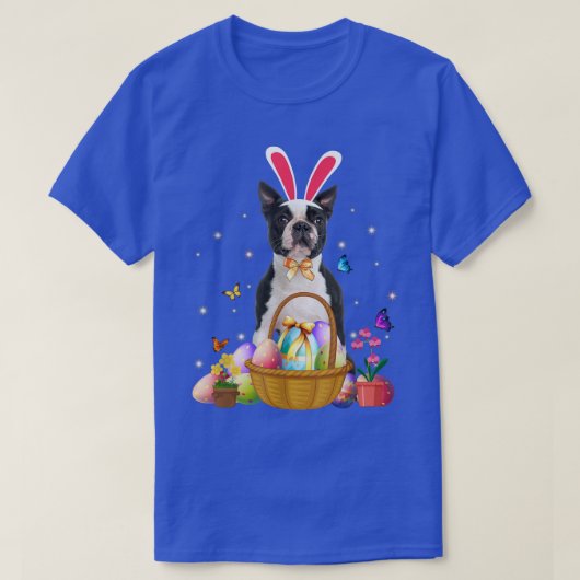 Cute Bunny Boston Terrier Dog Easter Eggs Basket E Tシャツ (デザイン正面)