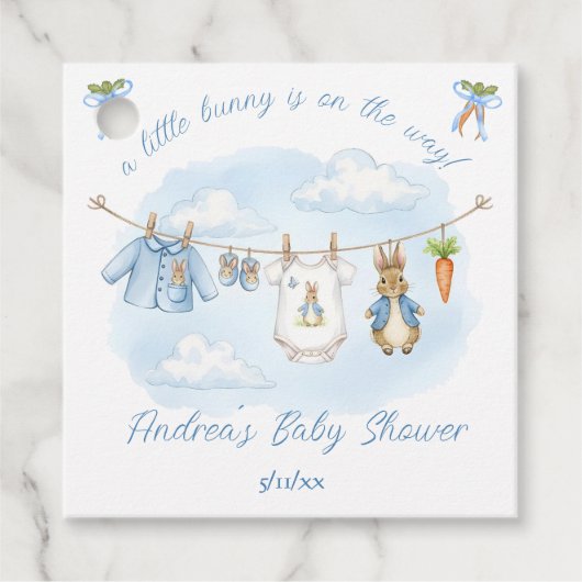 Cute Bunny Boy Clothesline Baby Shower フェイバータグ (正面)