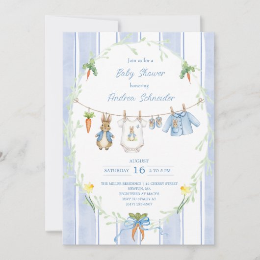 Cute Bunny Boy Clothesline Baby Shower 招待状 (正面)
