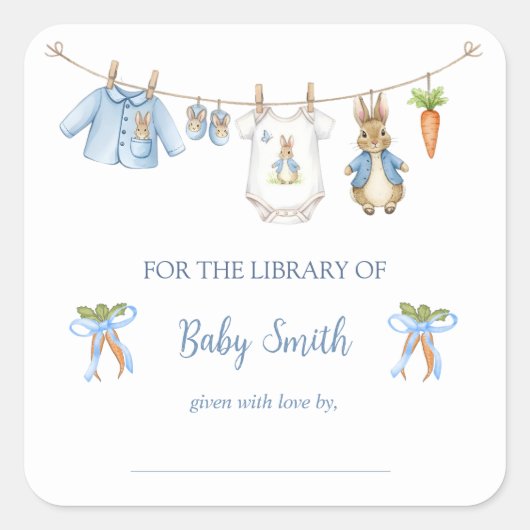 Cute Bunny Boy Clothesline Book Plate スクエアシール (正面)