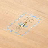 Cute Bunny Boy Floral Blue Bow Baby Shower アクリル招待状 (レイダウン)