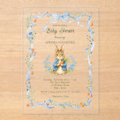 Cute Bunny Boy Floral Blue Bow Baby Shower アクリル招待状 (正面)