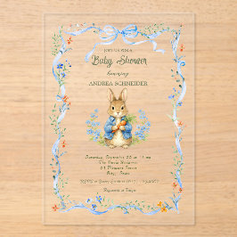 Cute Bunny Boy Floral Blue Bow Baby Shower  アクリル招待状