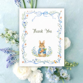 Cute Bunny Boy Floral Blue Bow Baby Shower サンキューカード
