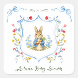 Cute Bunny Boy Floral Blue Bow Baby Shower  スクエアシール