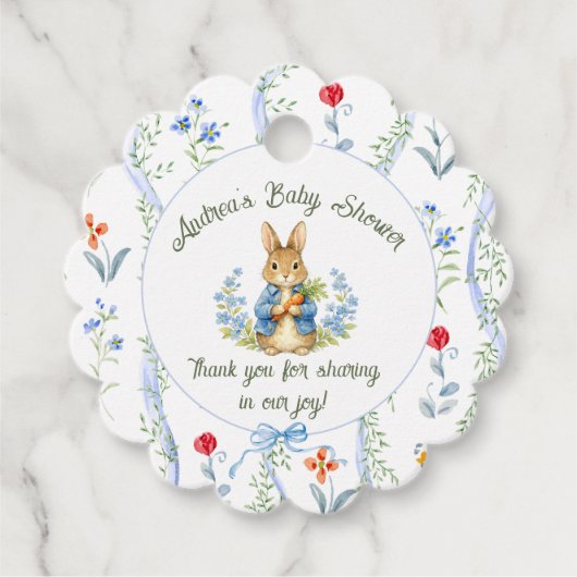Cute Bunny Boy Floral Blue Bow Baby Shower  フェイバータグ (正面)