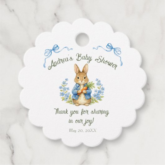 Cute Bunny Boy Floral Blue Bow Baby Shower フェイバータグ (正面)