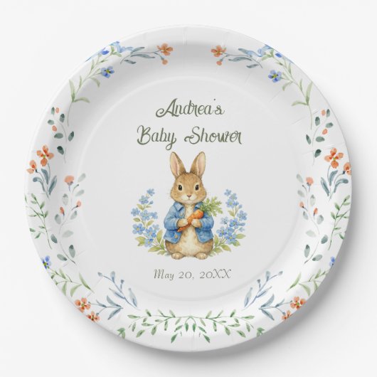 Cute Bunny Boy Floral Blue Bow Baby Shower ペーパープレート (正面)