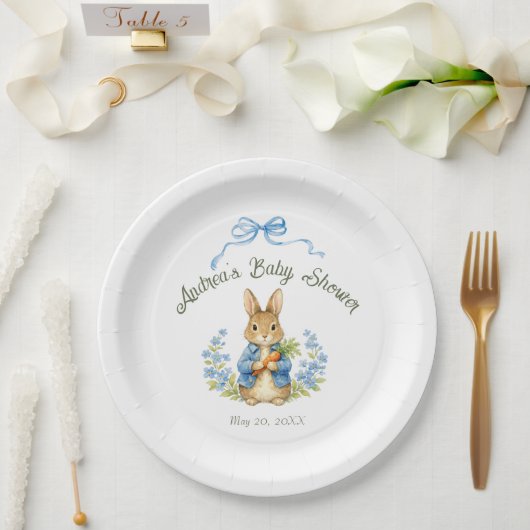 Cute Bunny Boy Floral Blue Bow Baby Shower ペーパープレート (ウェディング)