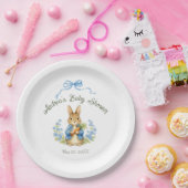 Cute Bunny Boy Floral Blue Bow Baby Shower ペーパープレート (パーティー)