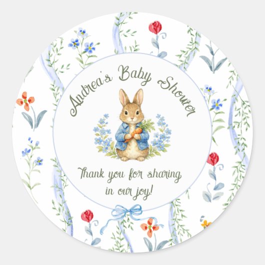 Cute Bunny Boy Floral Blue Bow Baby Shower  ラウンドシール (正面)