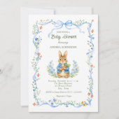 Cute Bunny Boy Floral Blue Bow Baby Shower 招待状 (正面)