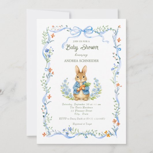 Cute Bunny Boy Floral Blue Bow Baby Shower 招待状 (正面)