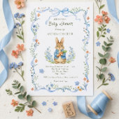 Cute Bunny Boy Floral Blue Bow Baby Shower 招待状