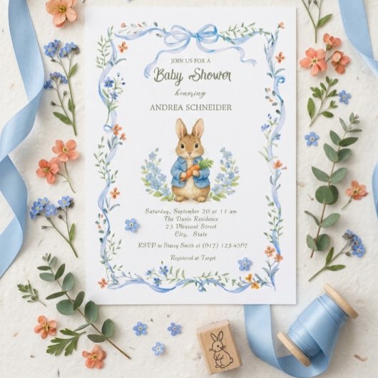 Cute Bunny Boy Floral Blue Bow Baby Shower 招待状