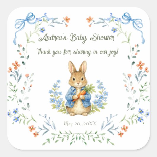 Cute Bunny Boy Floral Blue Bow Baby Shower Thanks スクエアシール (正面)