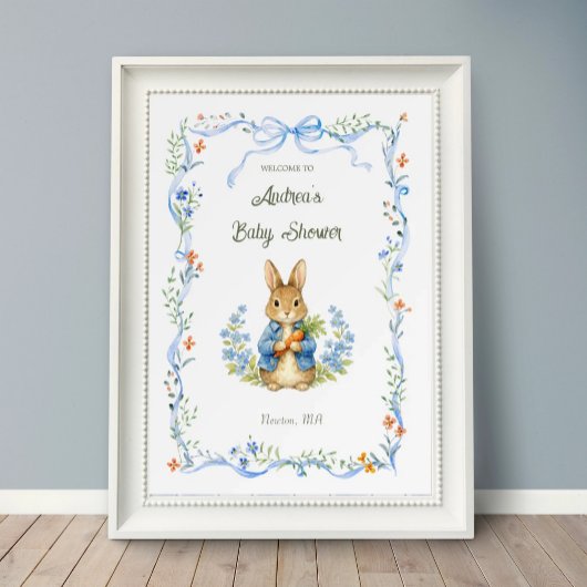 Cute Bunny Boy Floral Blue Bow Baby Shower Welcome ポスター
