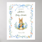 Cute Bunny Boy Floral Blue Bow Baby Shower Welcome ポスター (正面)