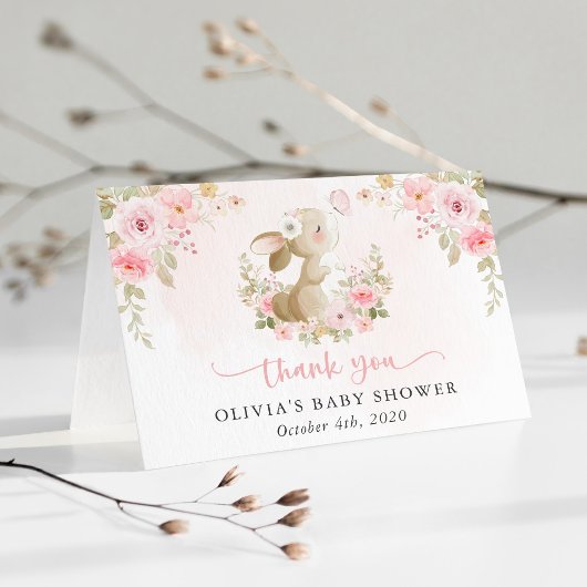 Cute Bunny, Butterfly, Pink Flowers, Baby Shower サンキューカード