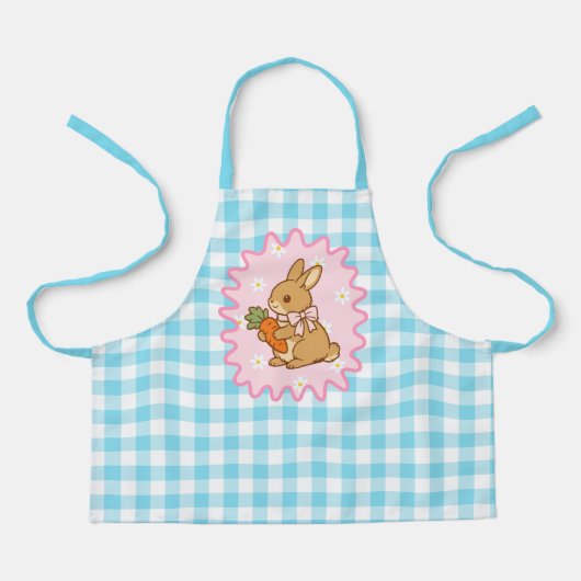 Cute Bunny Carrot & Daisy Gingham エプロン (正面)