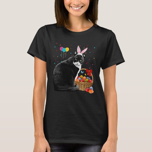 Cute Bunny Cat With Easter Egg Basket Happy Easter Tシャツ (正面)
