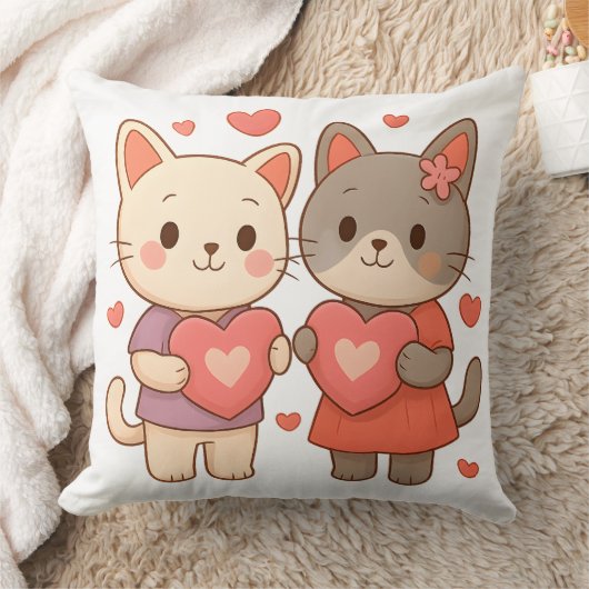 Cute Bunny Cats Heart Throw Pillow クッション (ブランケット)