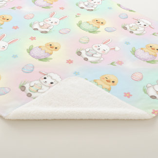 Cute Bunny Chick & Lamb Easter Pattern シェルパブランケット