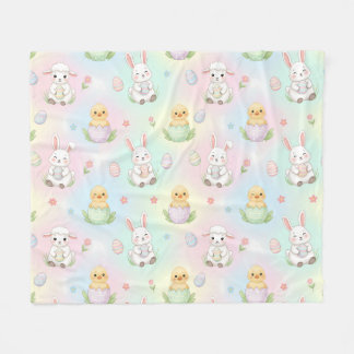 Cute Bunny Chick & Lamb Easter Pattern フリースブランケット