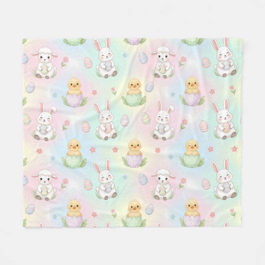 Cute Bunny Chick & Lamb Easter Pattern フリースブランケット (正面(横))
