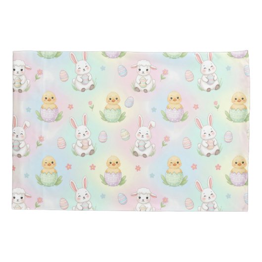 Cute Bunny Chick & Lamb Easter Pattern 枕カバー (裏面)