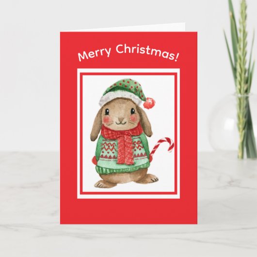 Cute bunny christmas card with candy cane シーズンカード (正面)