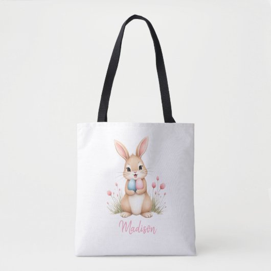 Cute bunny, custom name Easter egg hunt tote bag. トートバッグ (正面)