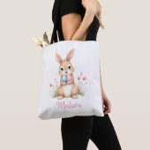 Cute bunny, custom name Easter egg hunt tote bag. トートバッグ (クローズアップ)