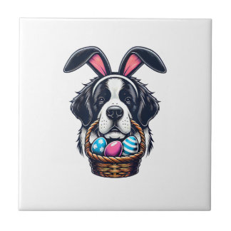 Cute Bunny Ear Saint Bernard Dog Easter Egg Owner  タイル