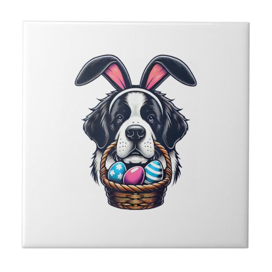 Cute Bunny Ear Saint Bernard Dog Easter Egg Owner  タイル (正面)
